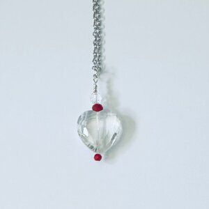 Necklace Heart Clear Crystal Glass Faceted Handmade w/Beads 18" stainless chain